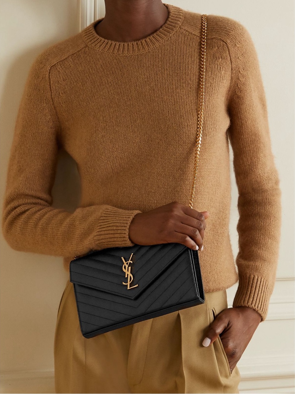 Saint Laurent Black Leather Cassandre Envelope Chain Wallet WOC Crossbody Bag